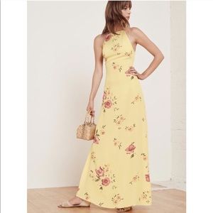 Reformation Yellow Floral Backless Halter Maxi Dress